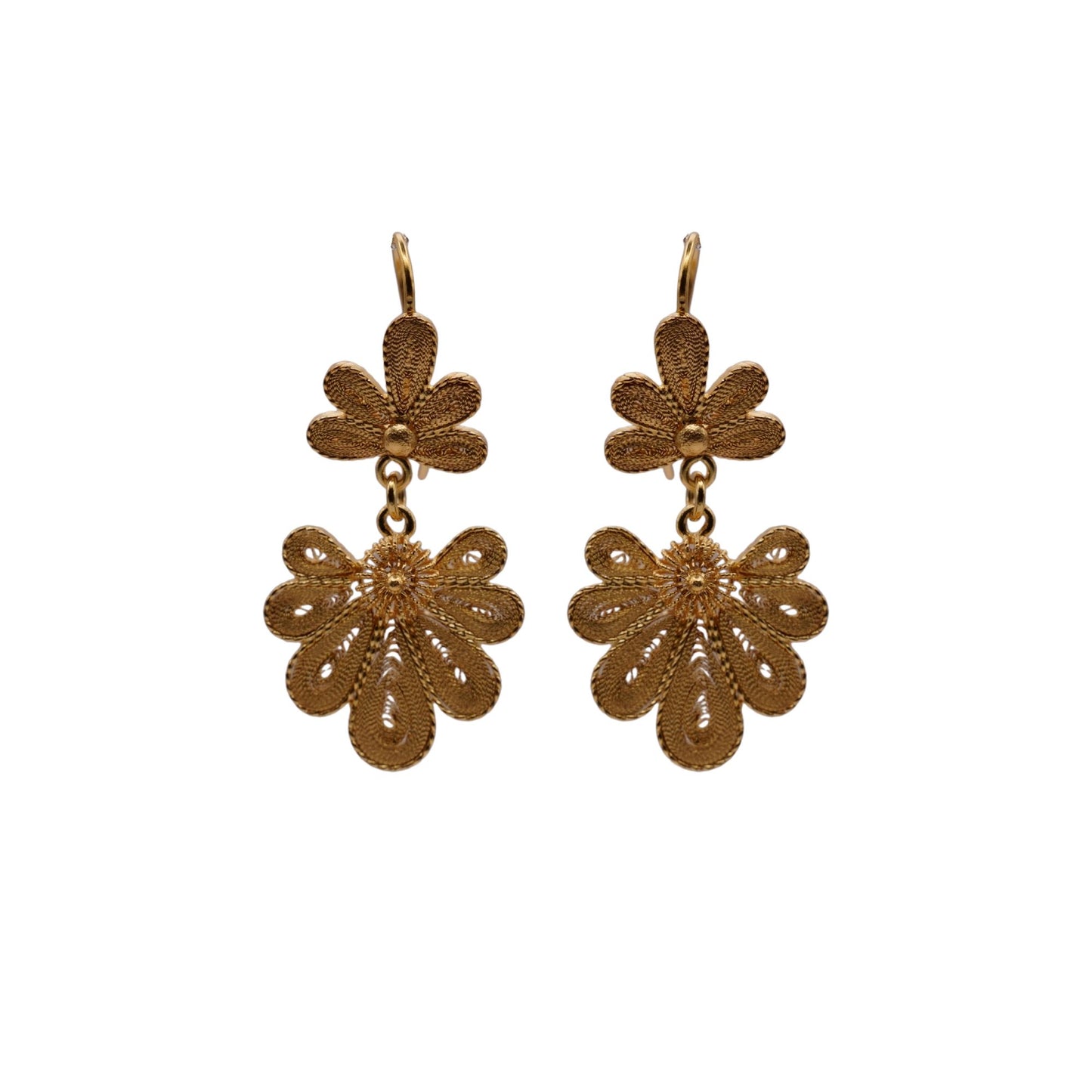 Pair of gold floral earrings on a white background
