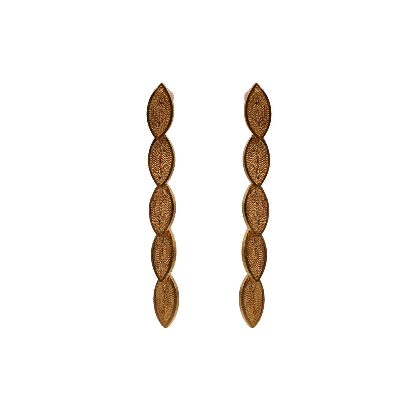Pair of gold leaf-shaped earrings on a white background