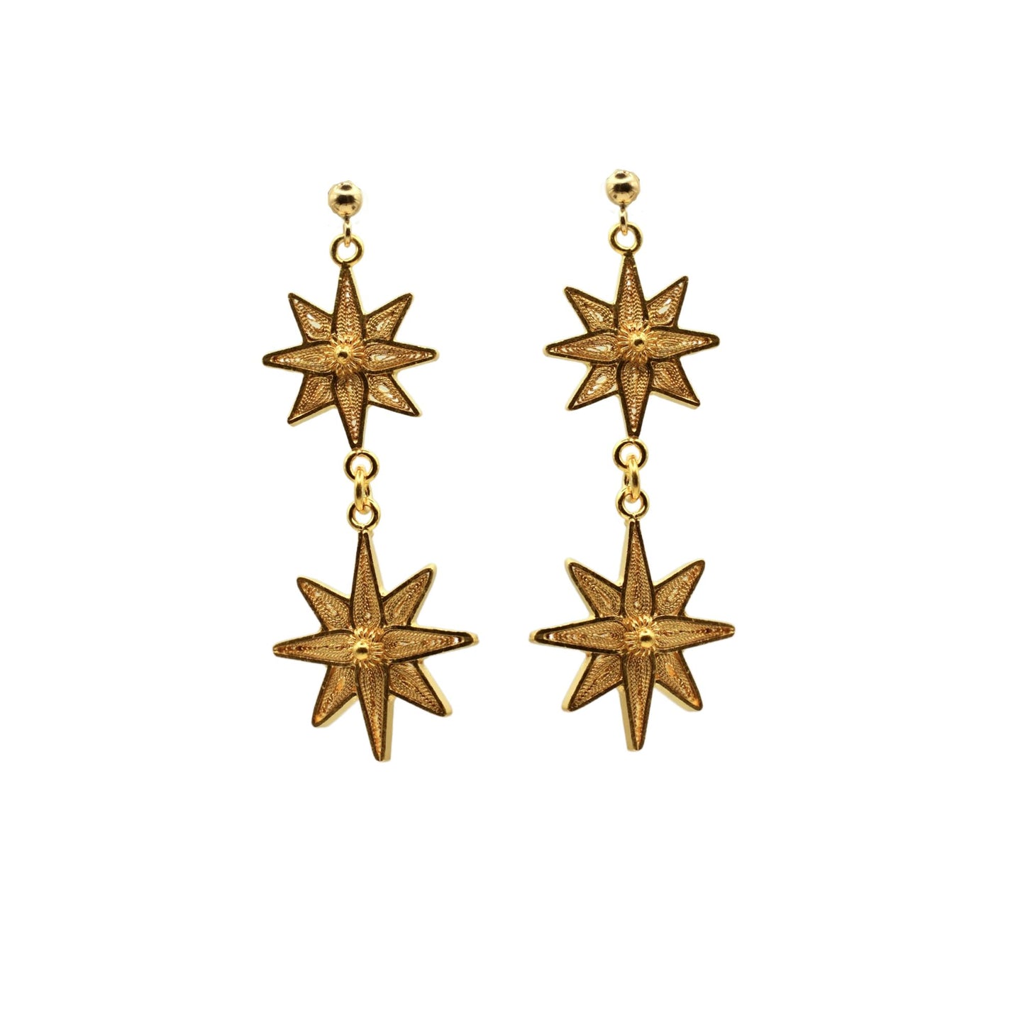 Pair of gold star-shaped earrings on a white background