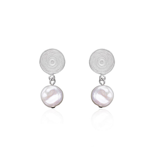OH Voila Round Cosmos with Pearl Earrings Silver 