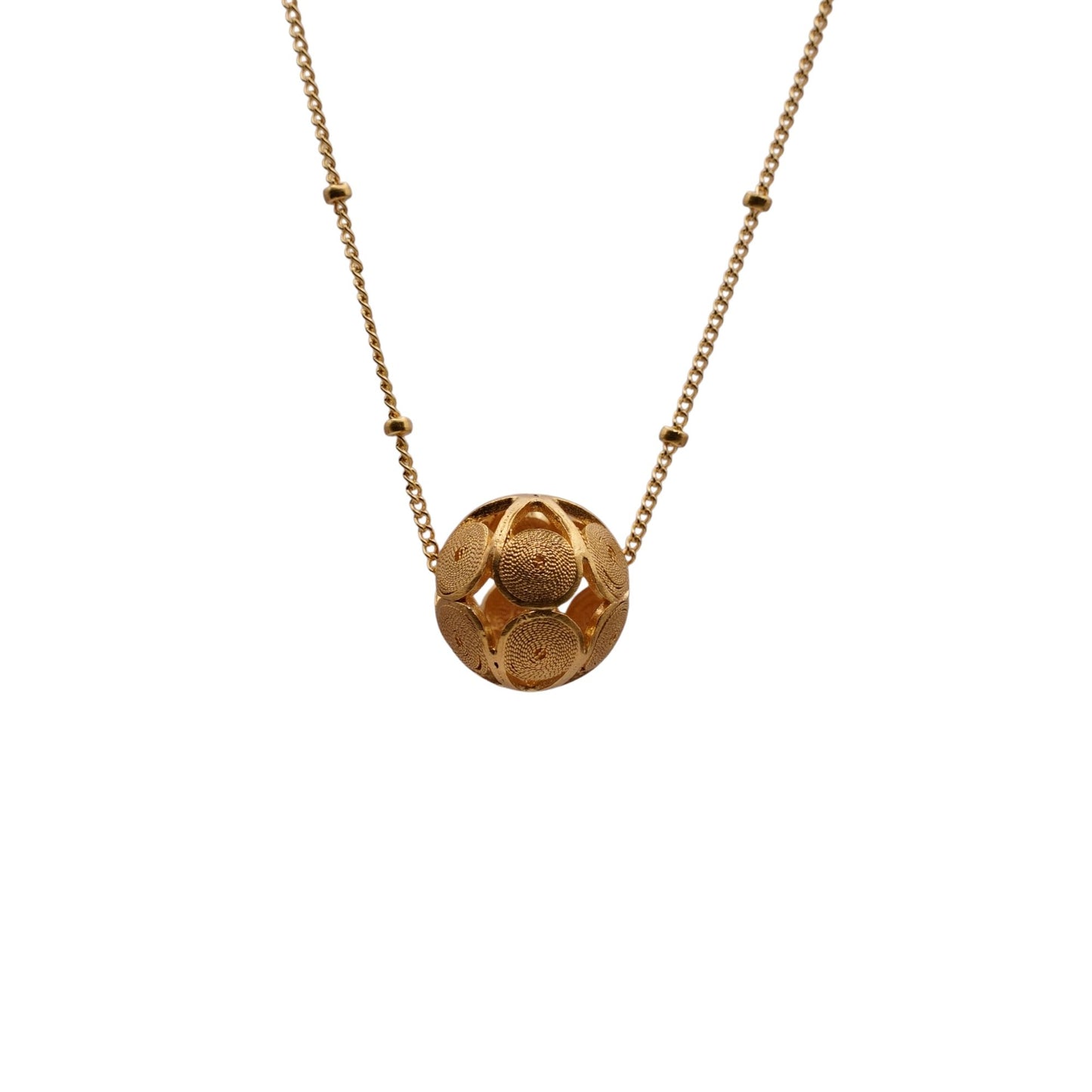Gold necklace with a textured GOLDEN SPHERE pendant on a white background