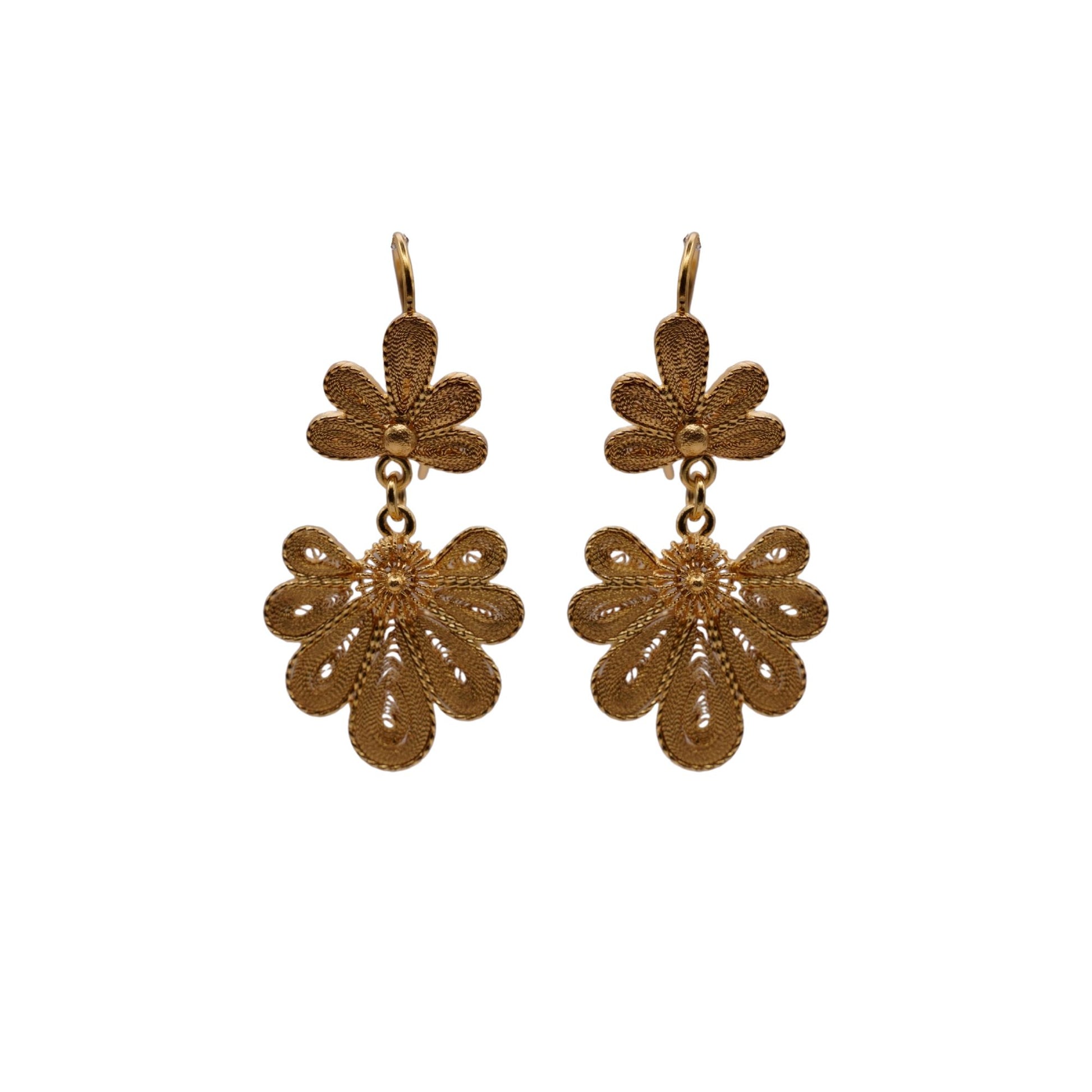 Pair of gold floral earrings on a white background