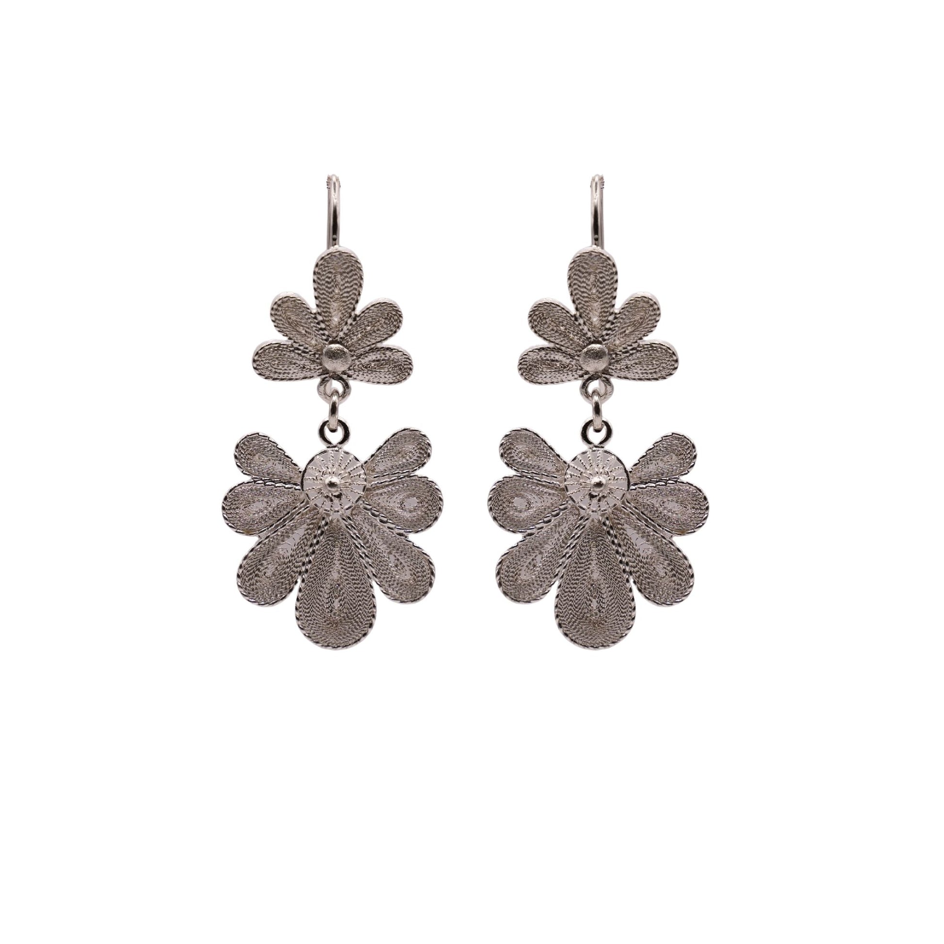 Pair of silver floral earrings on a white background