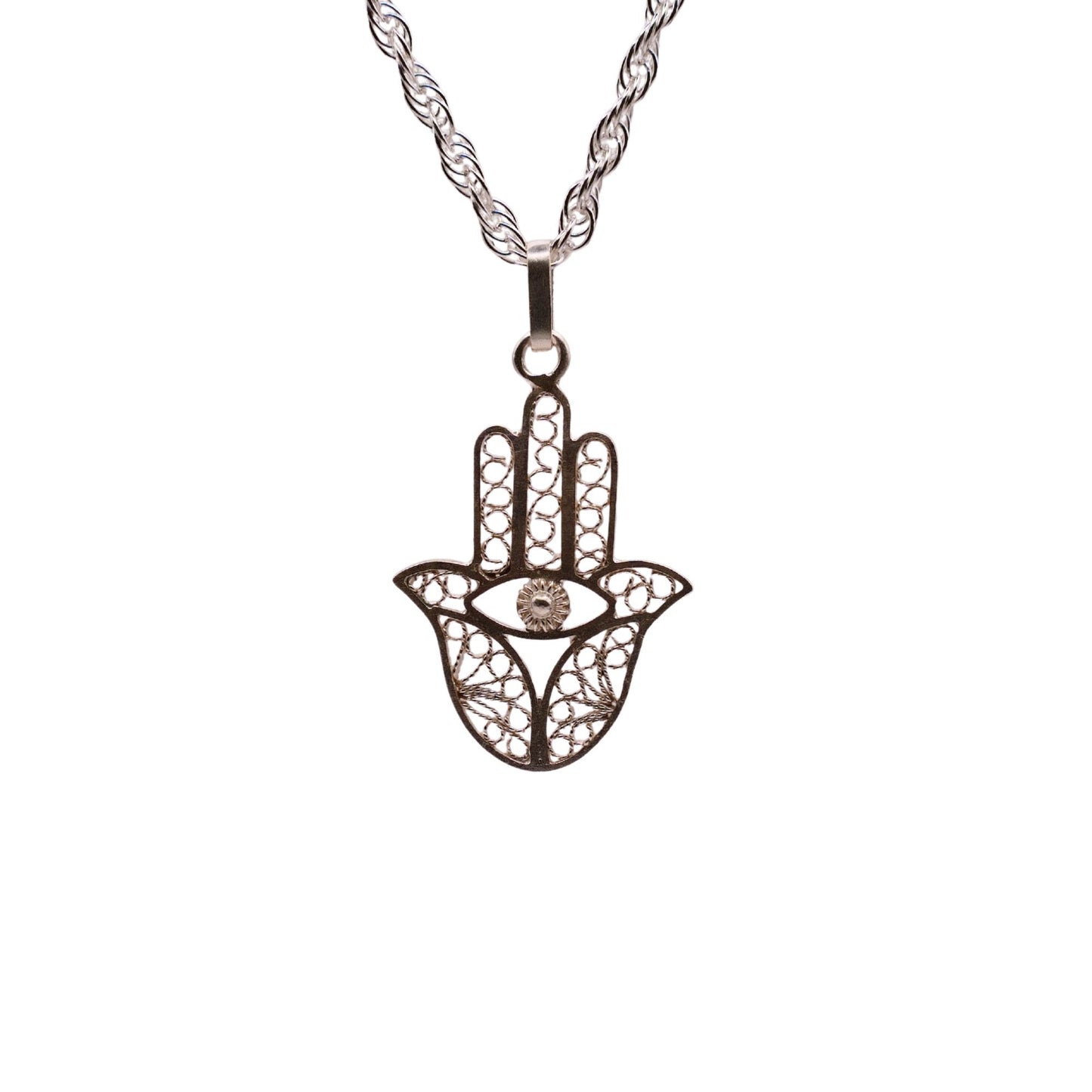 Hamsa hand pendant necklace on a gray background