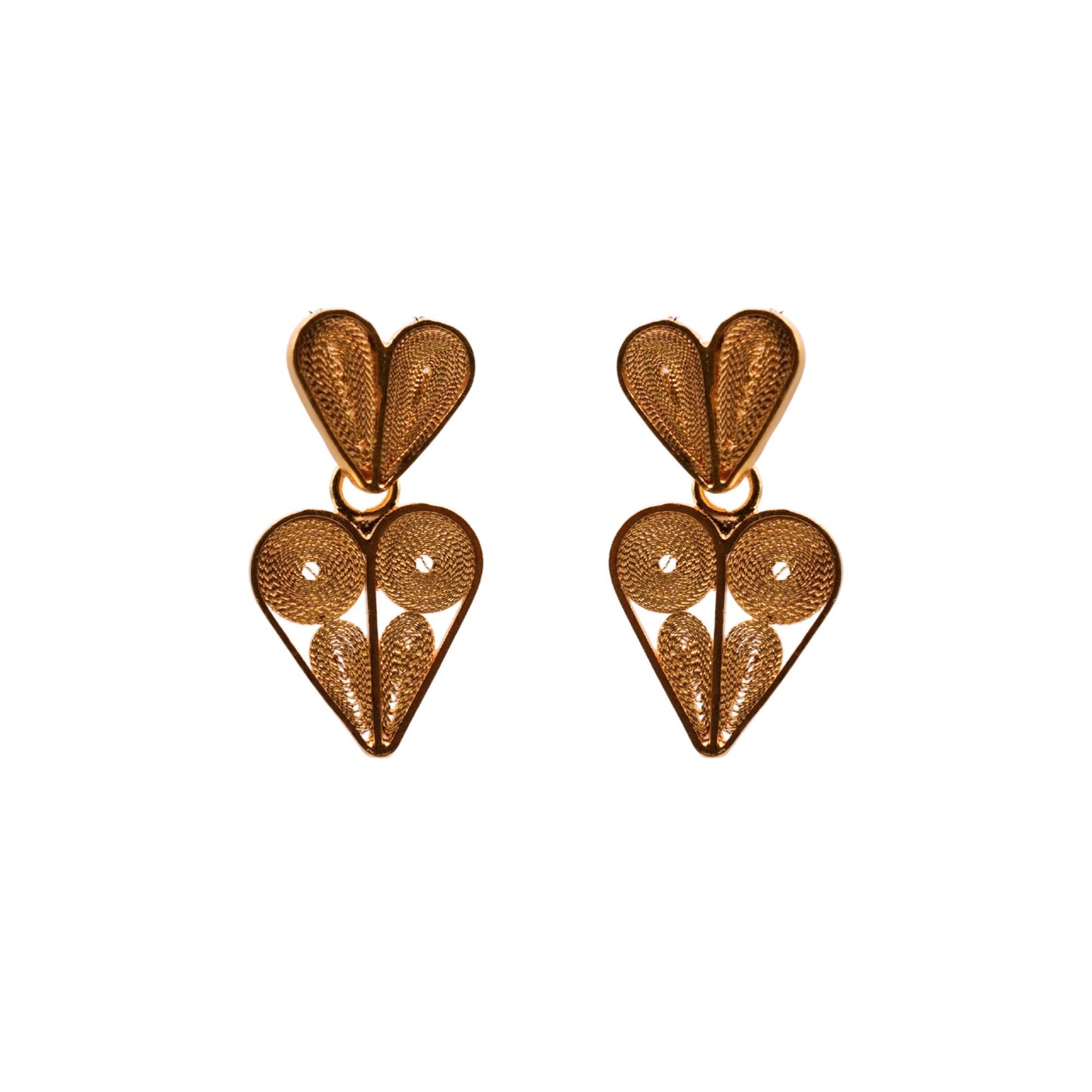 Pair of gold heart-shaped earrings on a white background