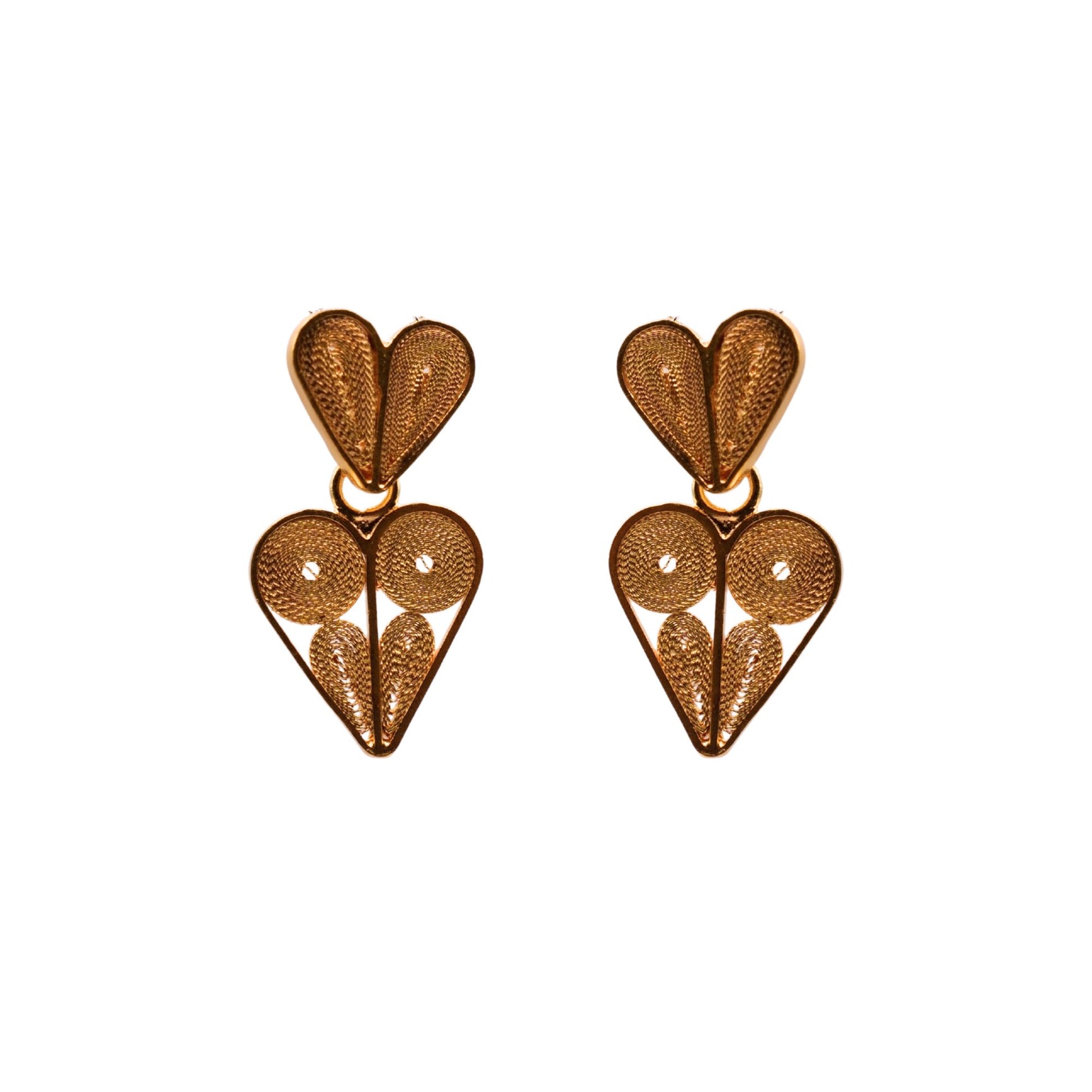 Pair of gold heart-shaped earrings on a white background