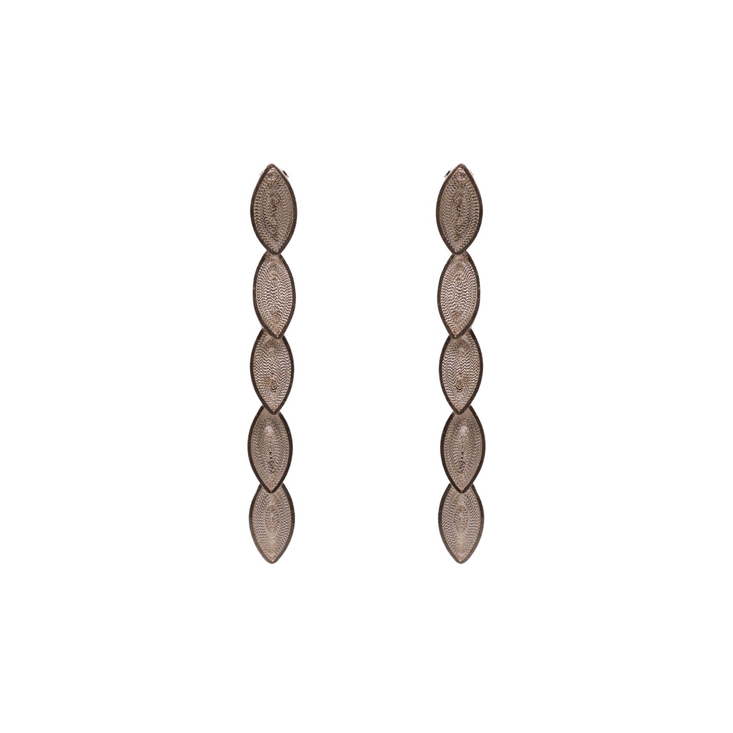 Pair of long, thin earrings with a textured design on a white background