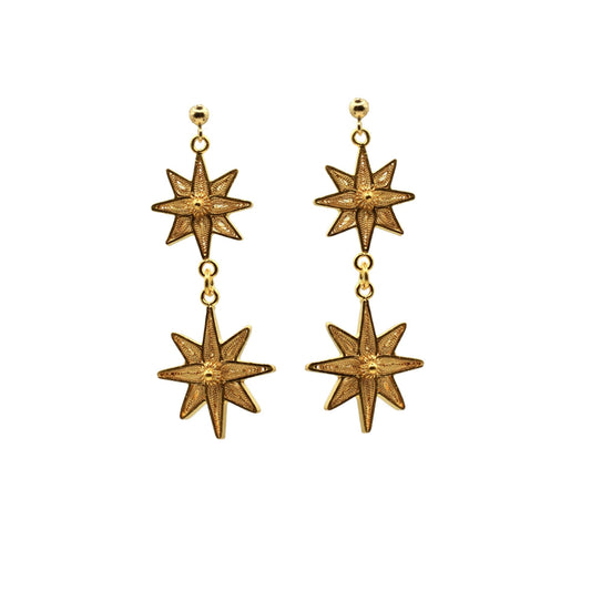 Pair of gold star-shaped earrings on a white background